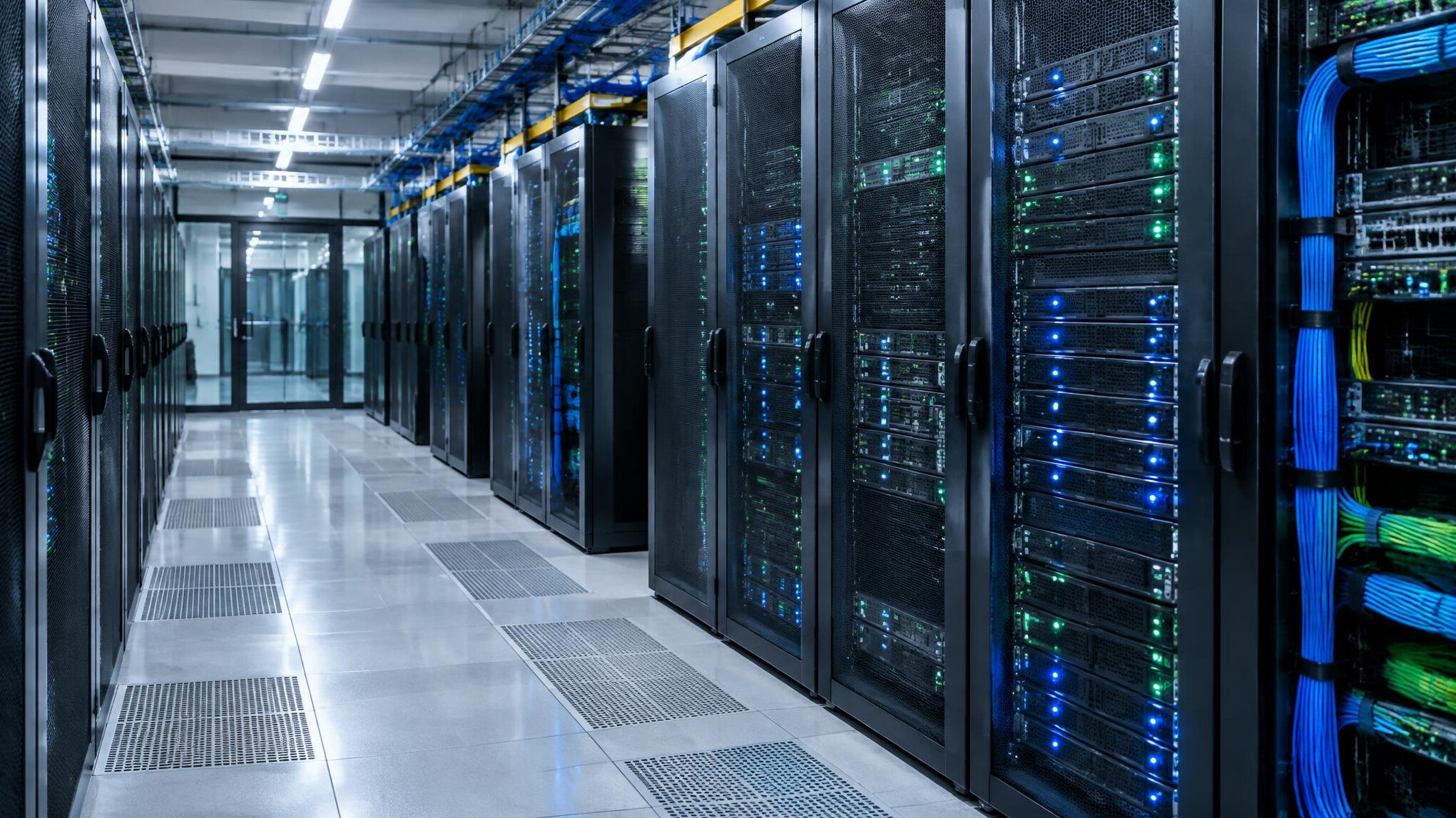 Rows of server racks with blue indicator lights