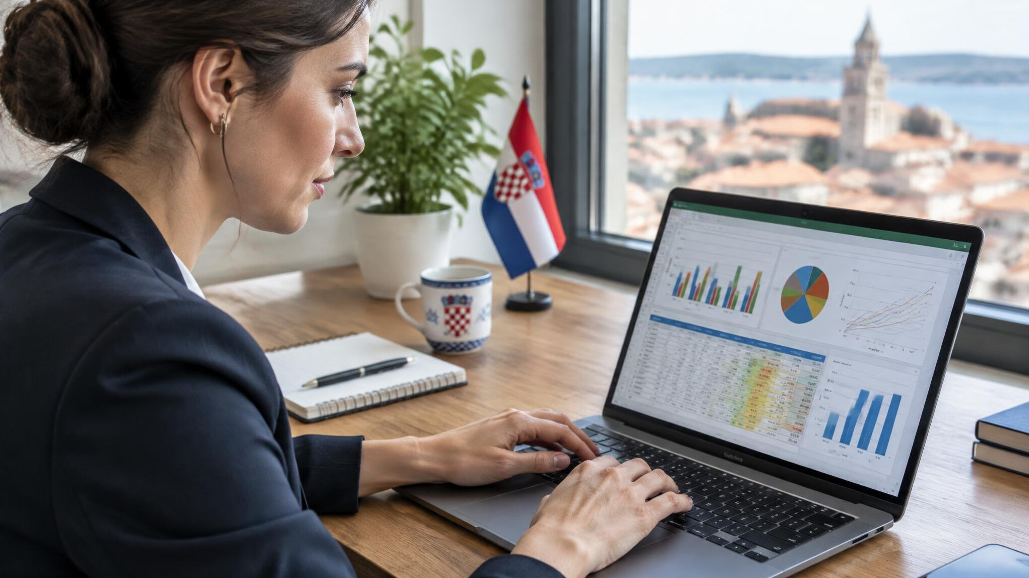 Person typing on a laptop with charts on screen at a desk